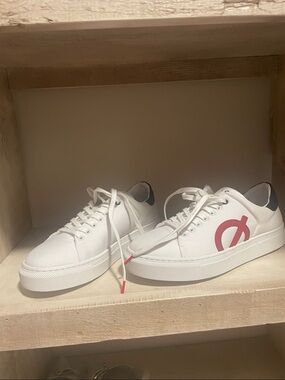 White Low-Top Canvas/Fabric Sneakers with Red and Black Accent